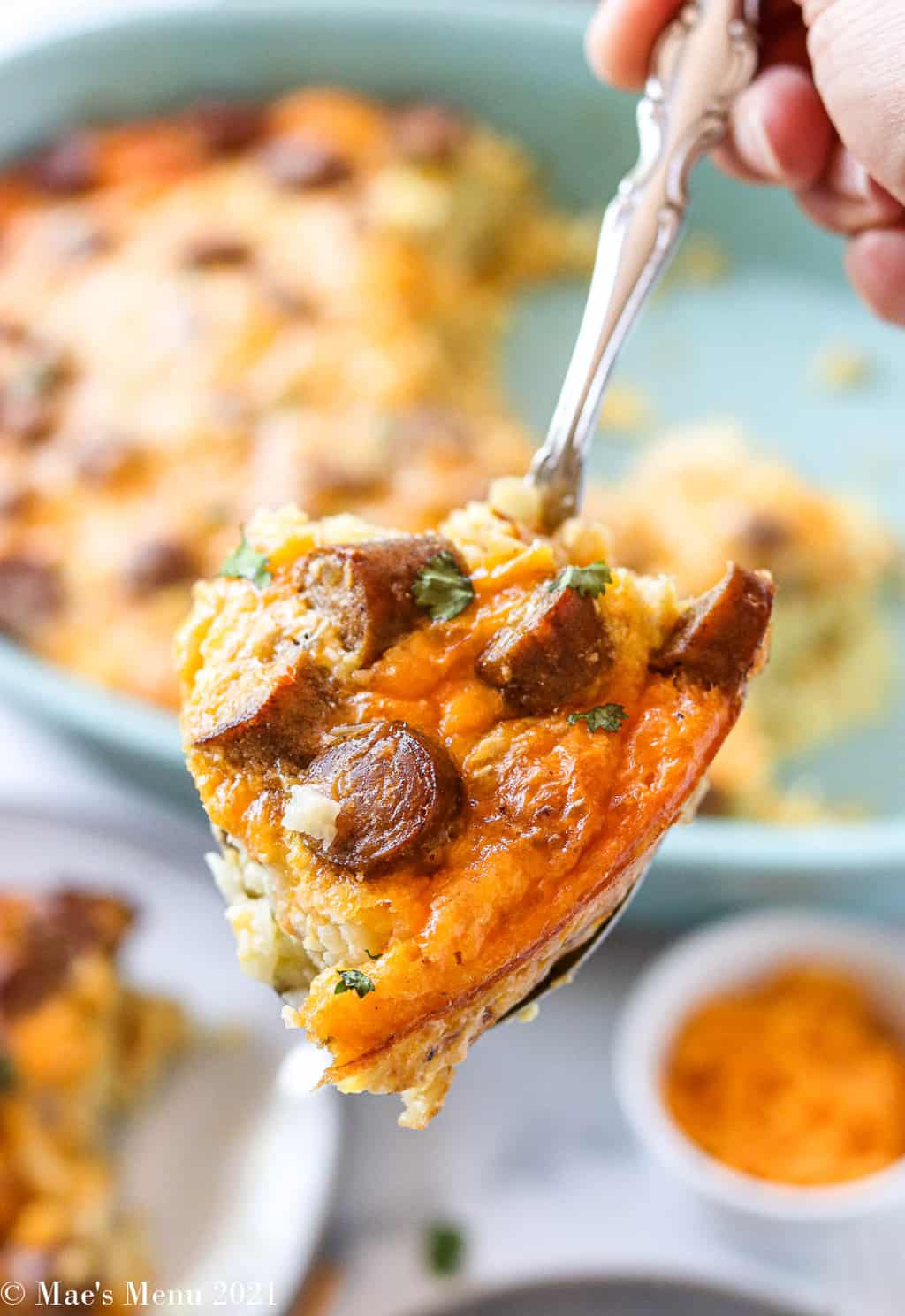 A large scoop of the breakfast tater tot casserole