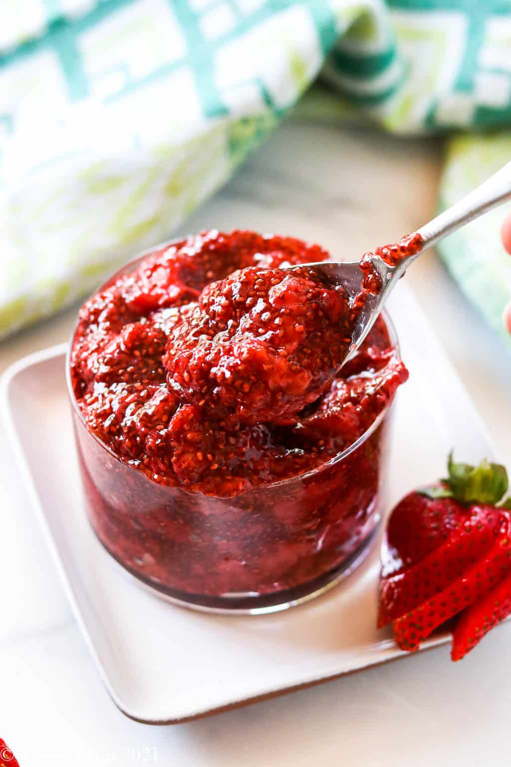A spoonful of strawberry chia jam