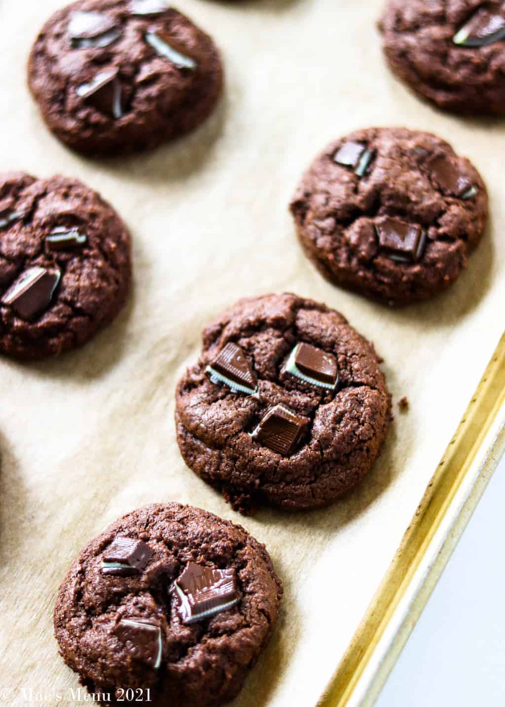 An up-close angled shot of baked andes mint chocolate cookies