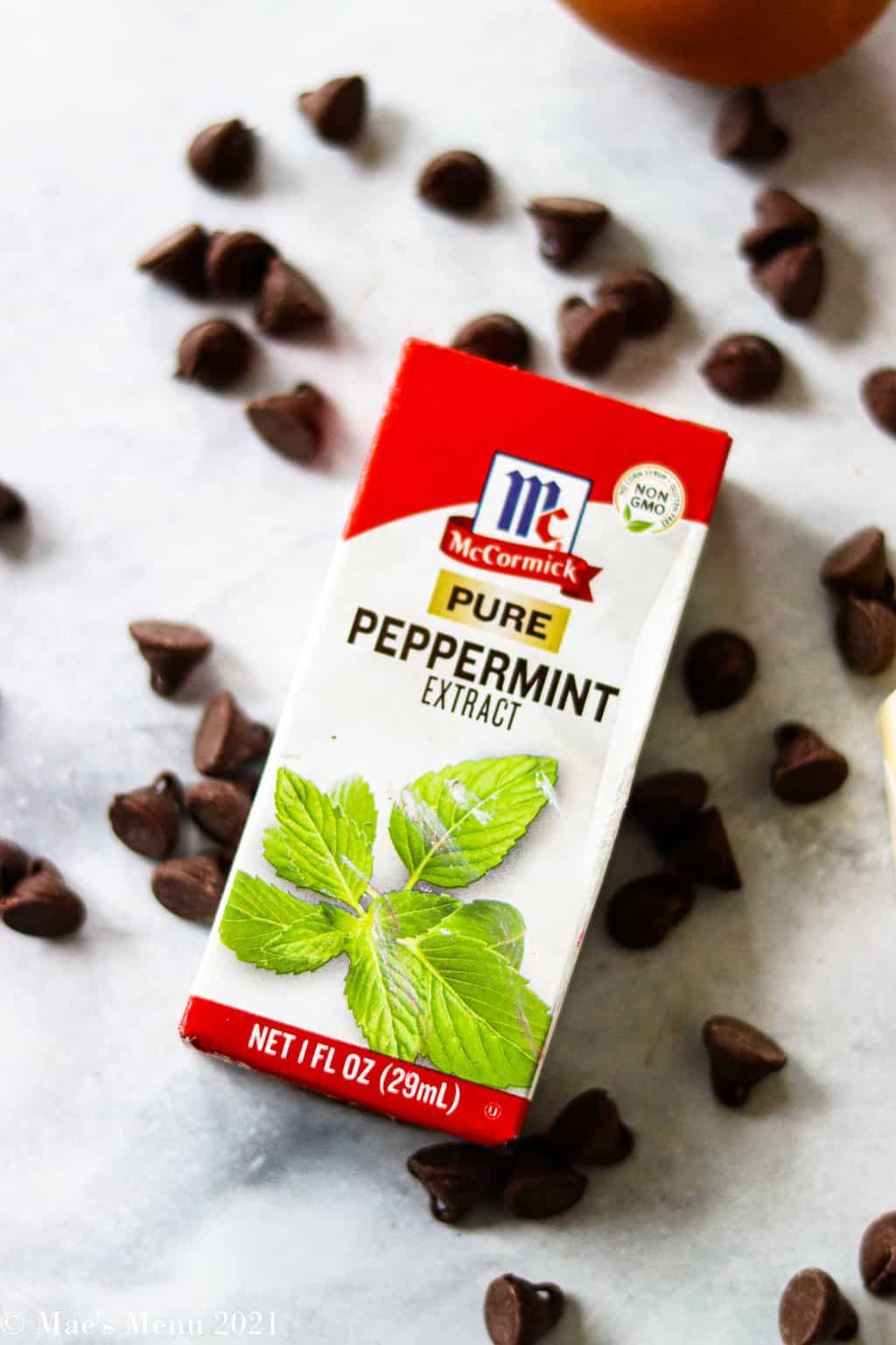 An up-close shot of a box of mccormick pure peppermint
