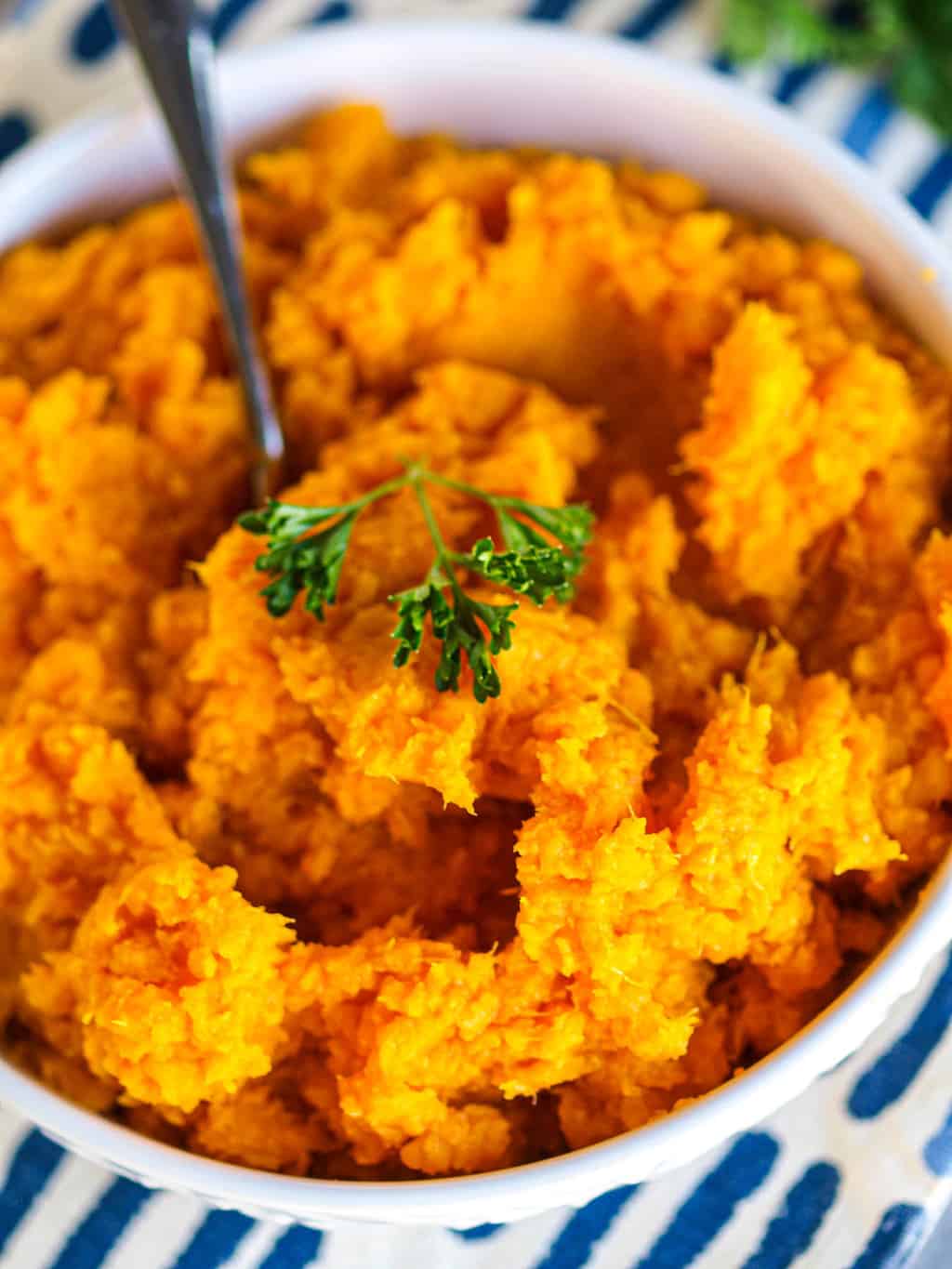 An overhead shot of a bowl of mashed butternut squash
