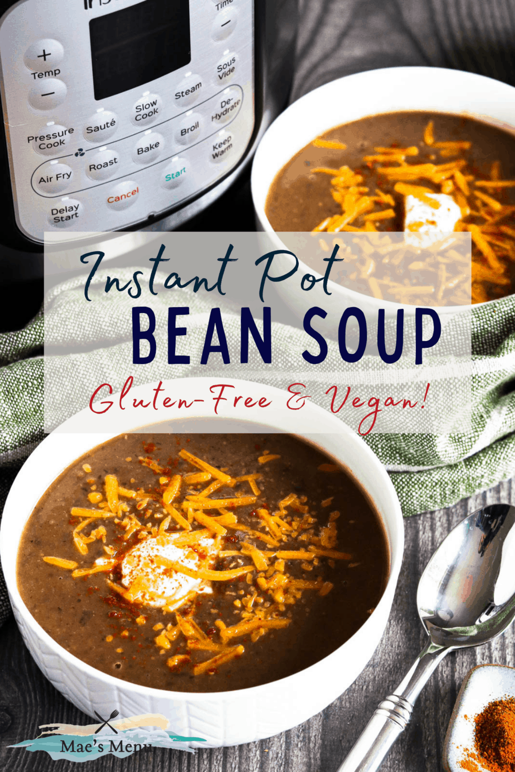 A pinterest pin for instant pot bean soup with a photo of two bowls of soup in front of an Instant Pot
