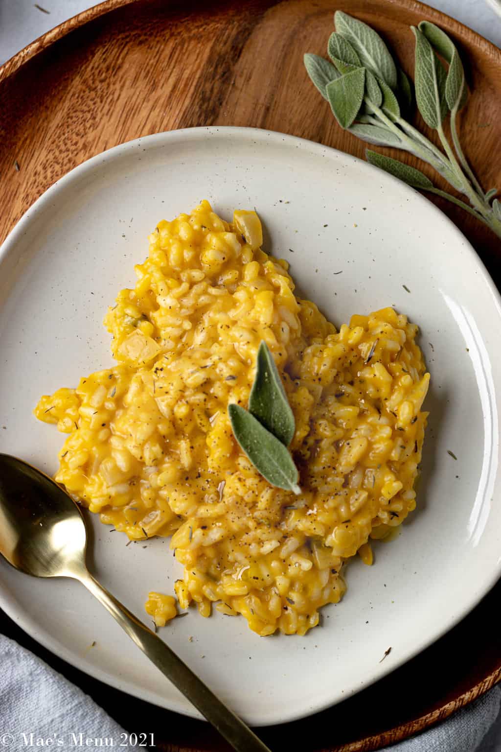 An up-close overhead shot of a small plate of pumpkin risotto