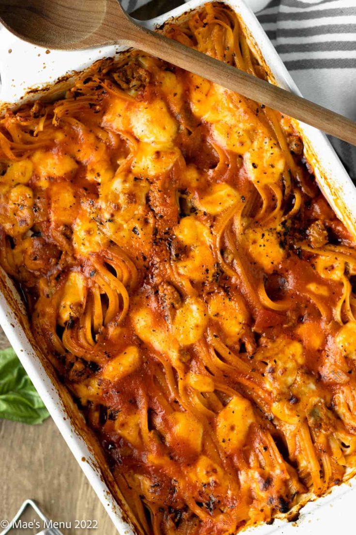 An up-close overhead shot of a pan of no boil pasta bake with turkey.