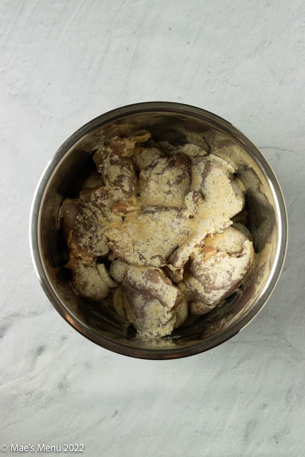 An instant pot pot with seasoned chicken.