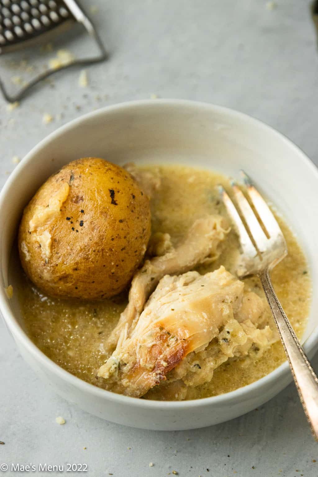 An up-close hot of a bowl of chicken and potatoes in a creamy sauce.