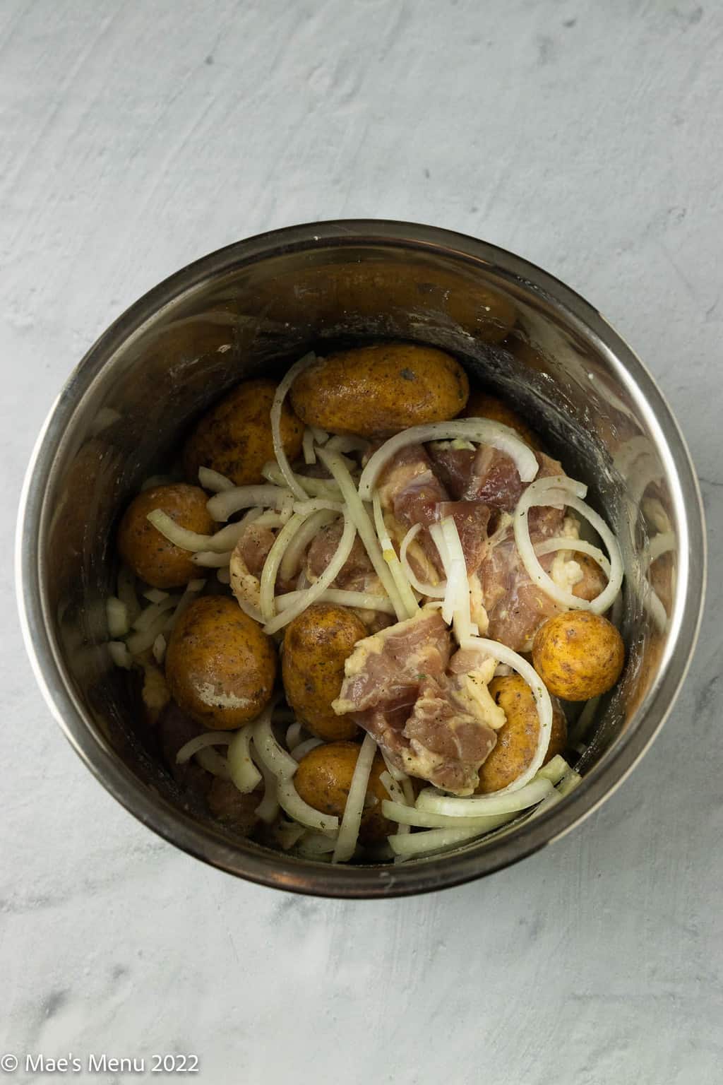 An overhead shot of raw chicken, potatoes, and onions in the bowl of an Instant pot.