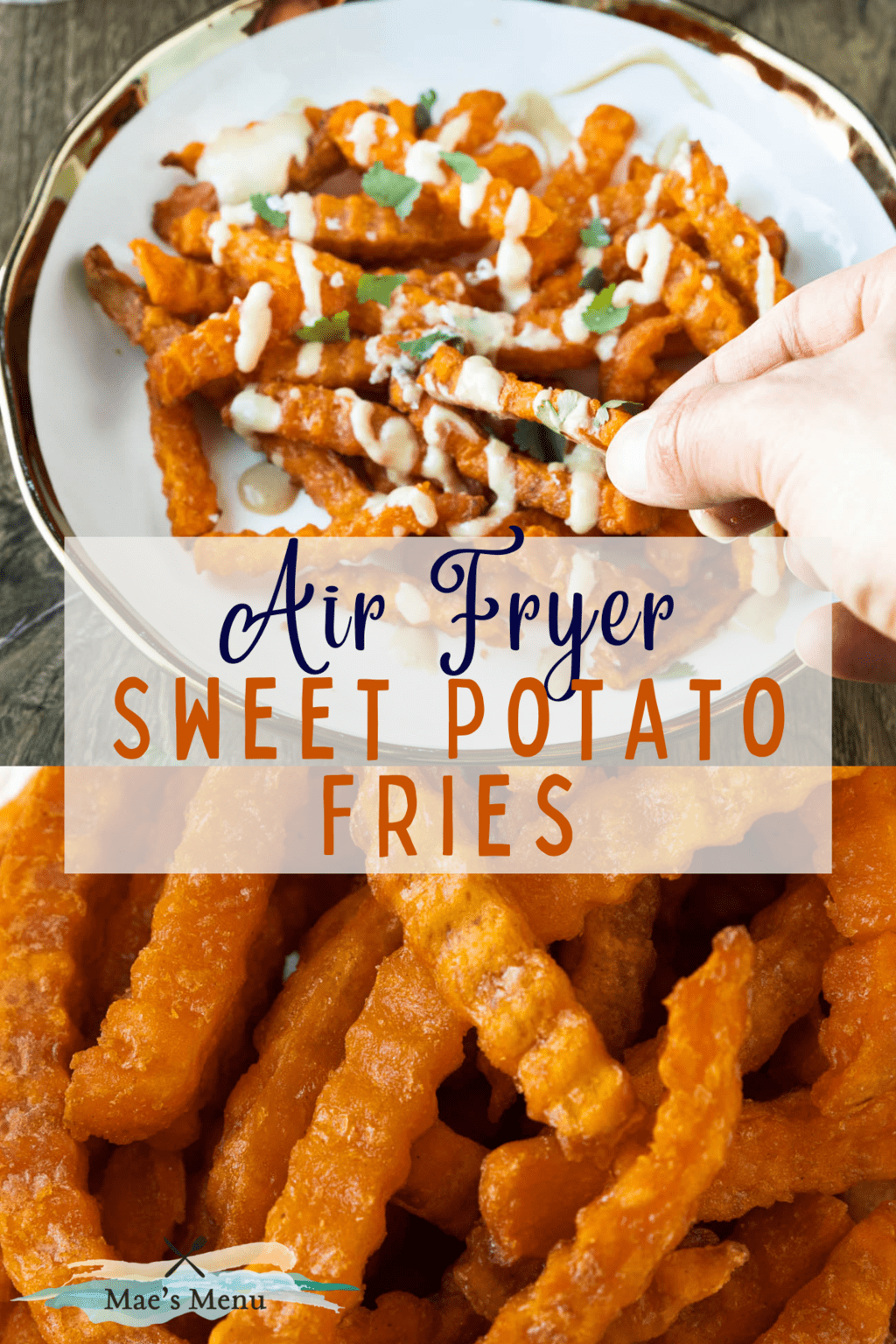 A pinterest pin for air fryer sweet potato fries with a hand grabbing a fry from a bowl on the top picture and an up-close photo of the fries on the bottom picture. 