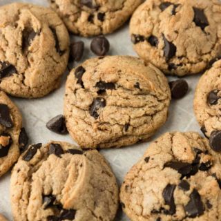 An up-close shot of whole wheat chocolate chip cookies.