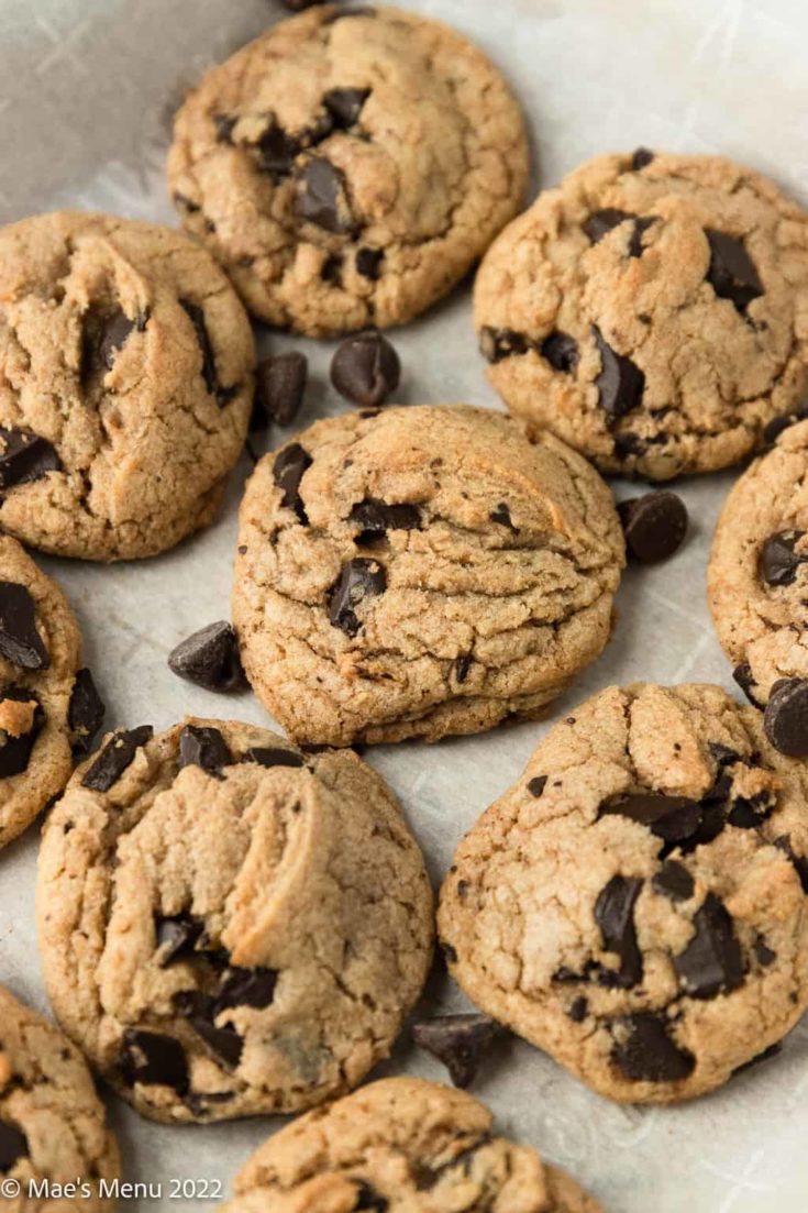 An up-close shot of whole wheat chocolate chip cookies.