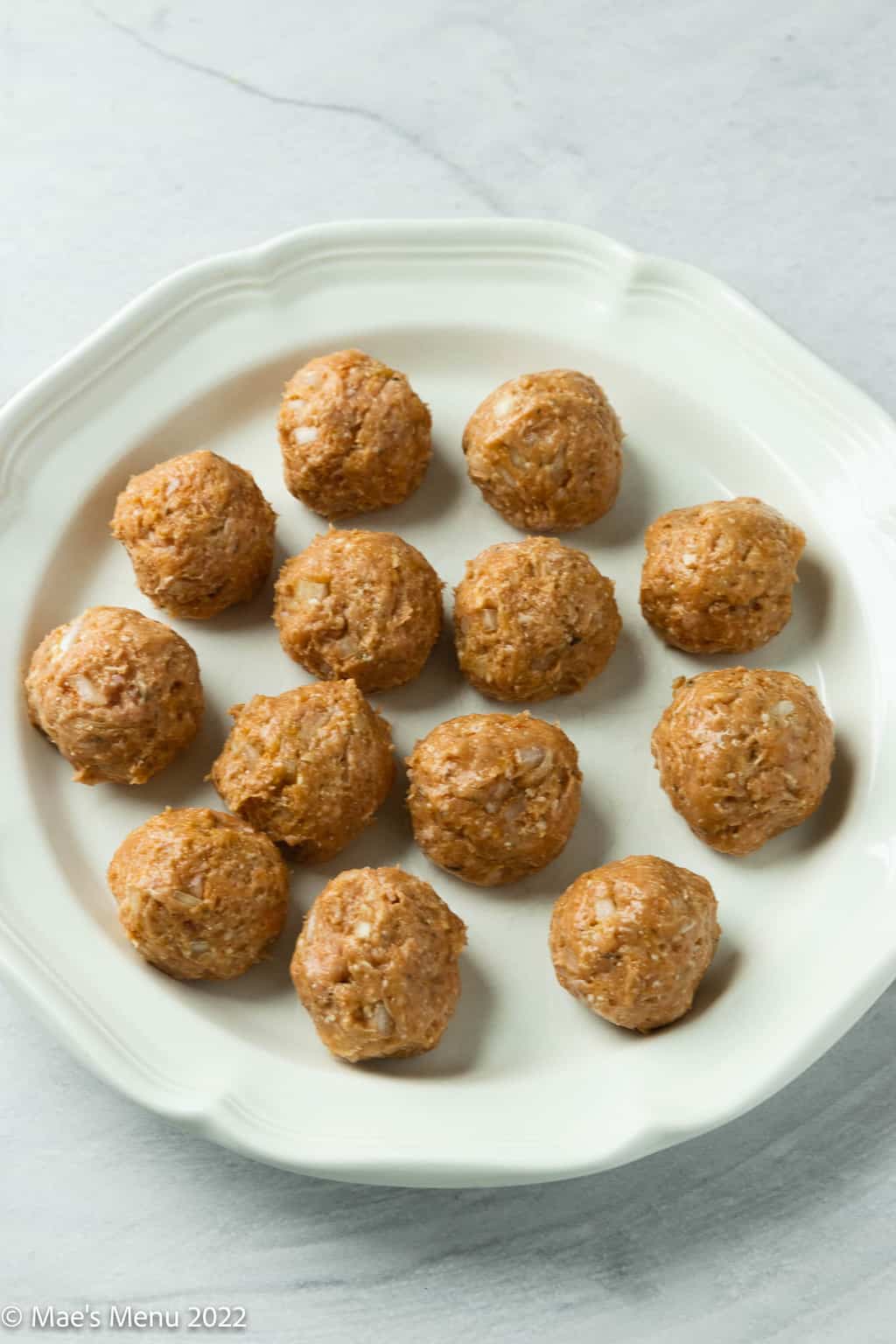 A white plate of turkey meatballs rolled out.