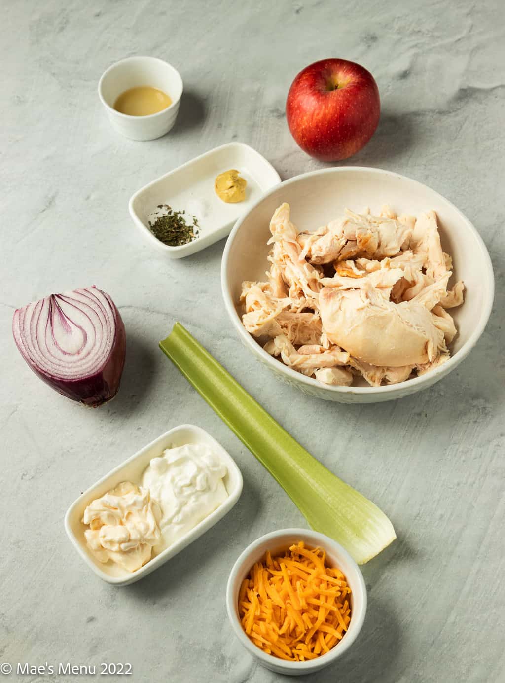 All the ingredients for rotisserie chicken salad sandiwches: chicken, apple, seaonings, sour cream mayonnaise, cheese, celery, red onion, and apple cider vinegar.