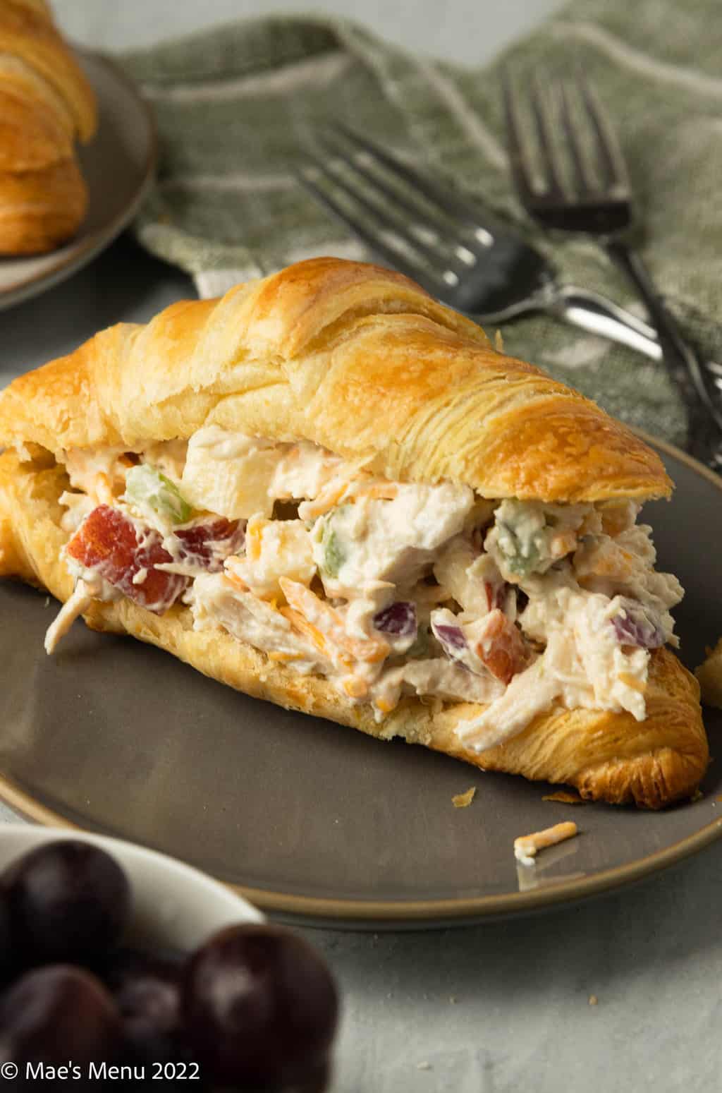 An up-close side shot of a large croissant stuffed with chicken salad.