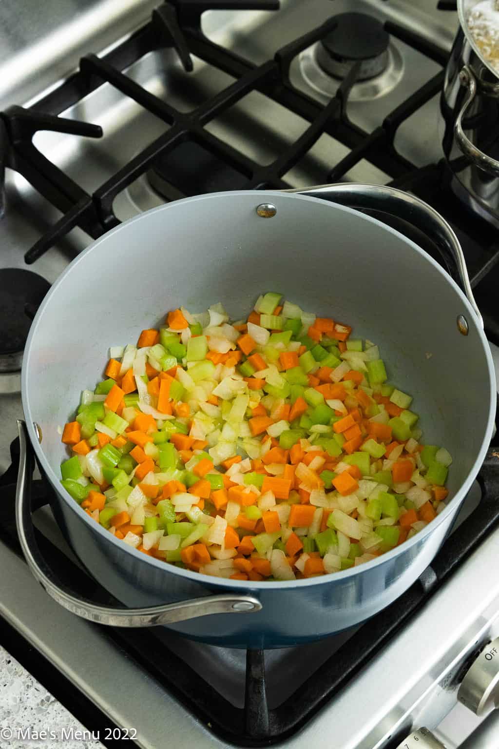 Sauteing onions, celery, and carrots in a stockpot on the oven.