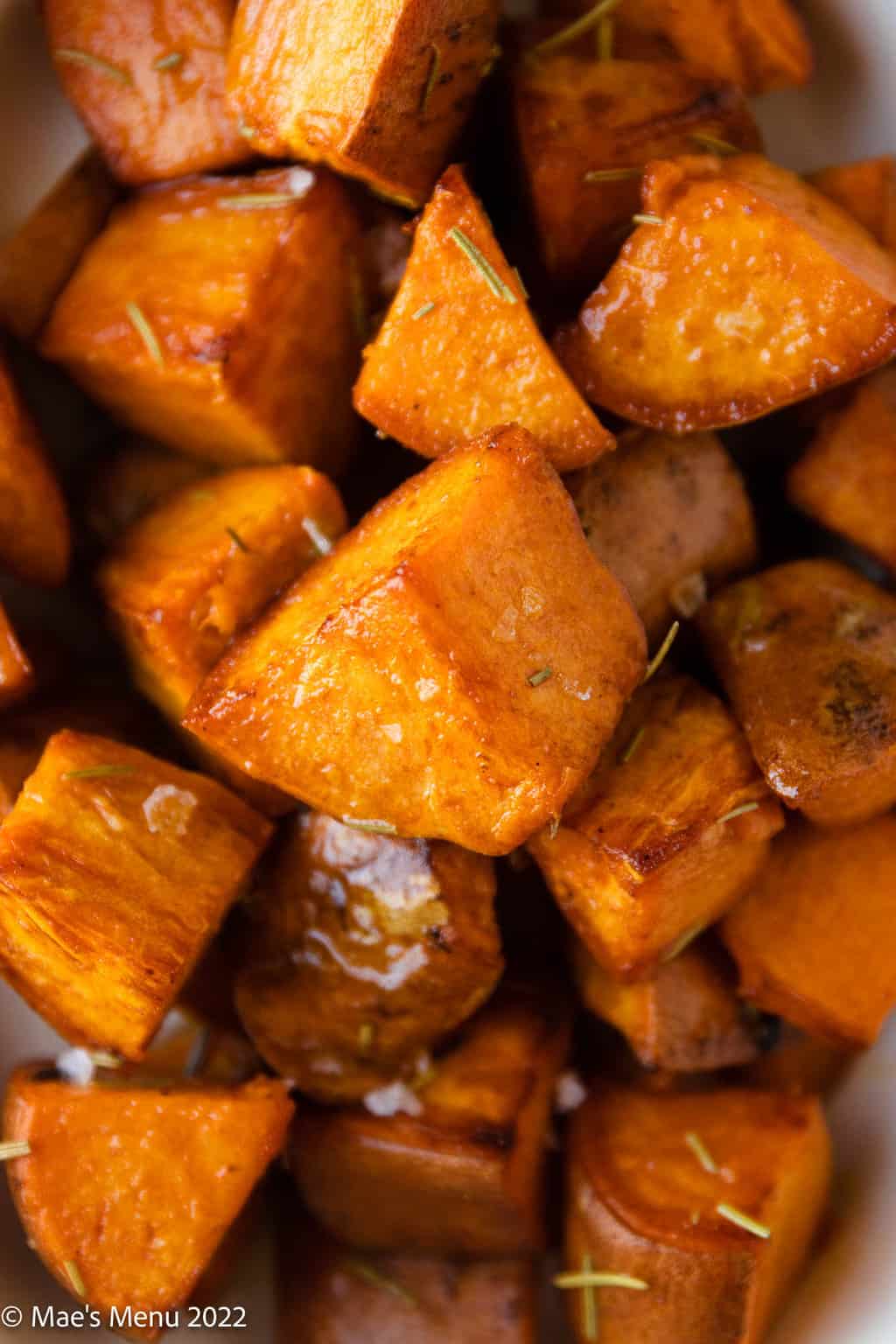 An up-close overhead shot of Dutch oven sweet potatoes.
