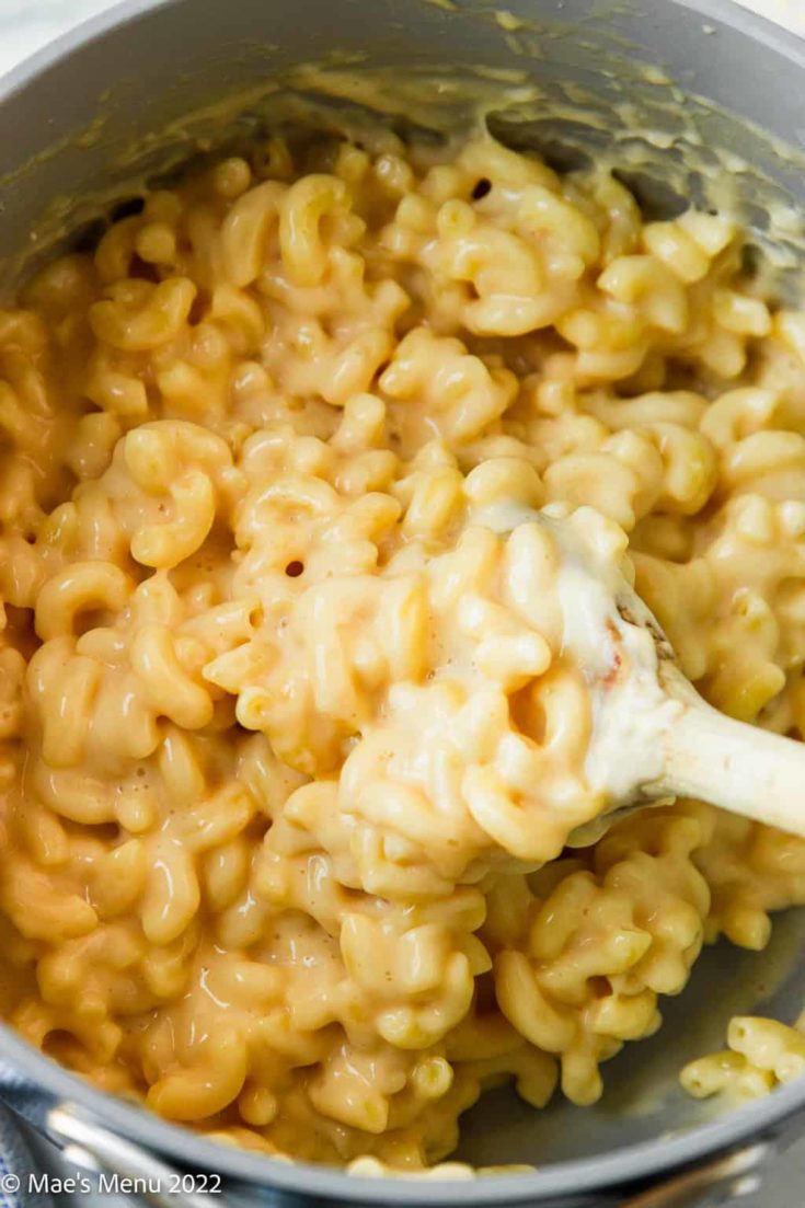An overhead shot of a saucepan of smoked mac and cheese.