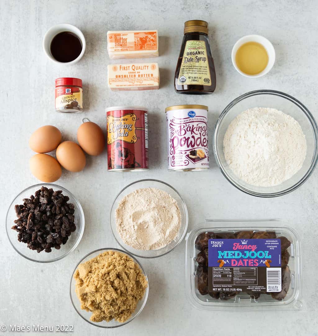 All of the ingredients for sticky date cake.