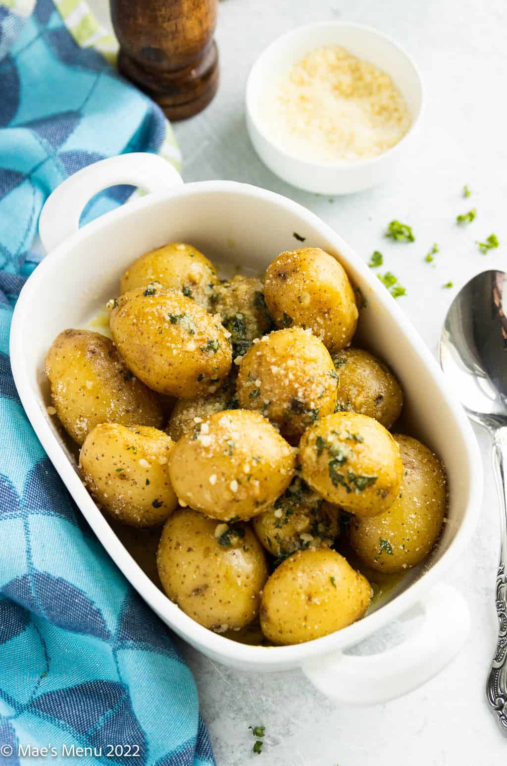 A white dish of instant pot baby potatoes.
