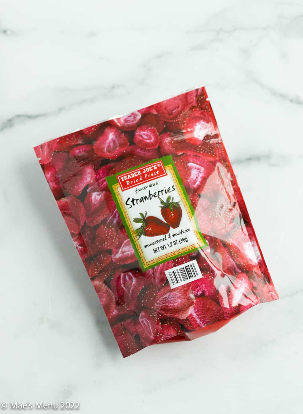 A pack of trader joe's freeze dried strawberries.