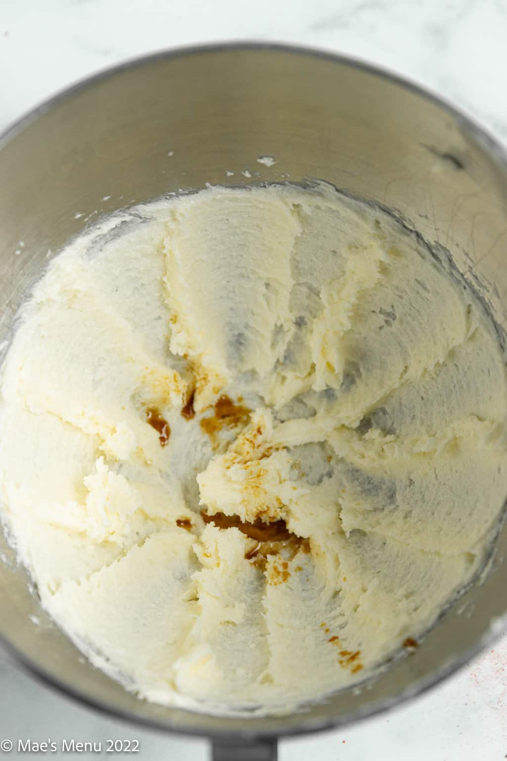 Creamed butter, sugar, and vanilla in a large mixing bowl.