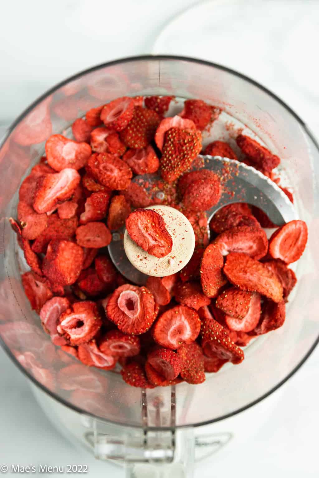 Freeze-dried strawberries in a food processor.