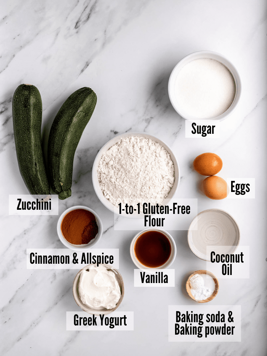 All of the ingredients for gluten-free zucchini bread,