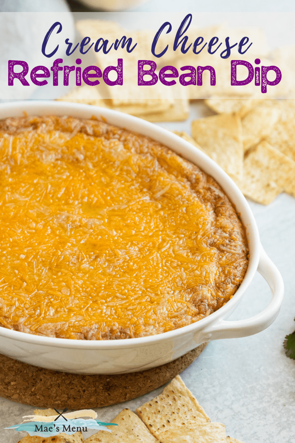 A pinterest pin for cream cheese refried bean dip with chips.