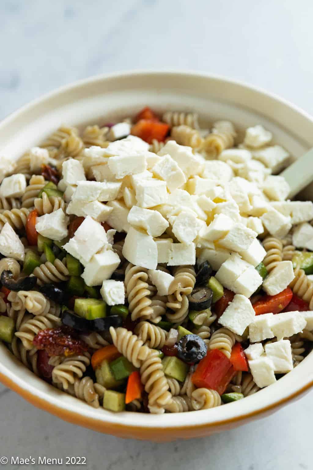 A side shot of a mixing bowl of pasta salad with cubed mozzarella cheese.