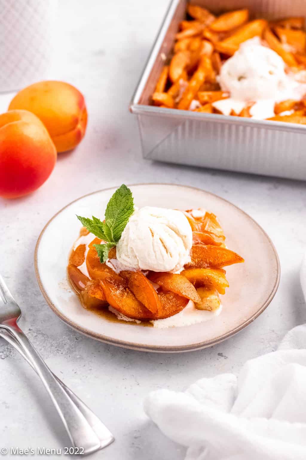 A small serving of apricot cobbler with ice cream and mint.