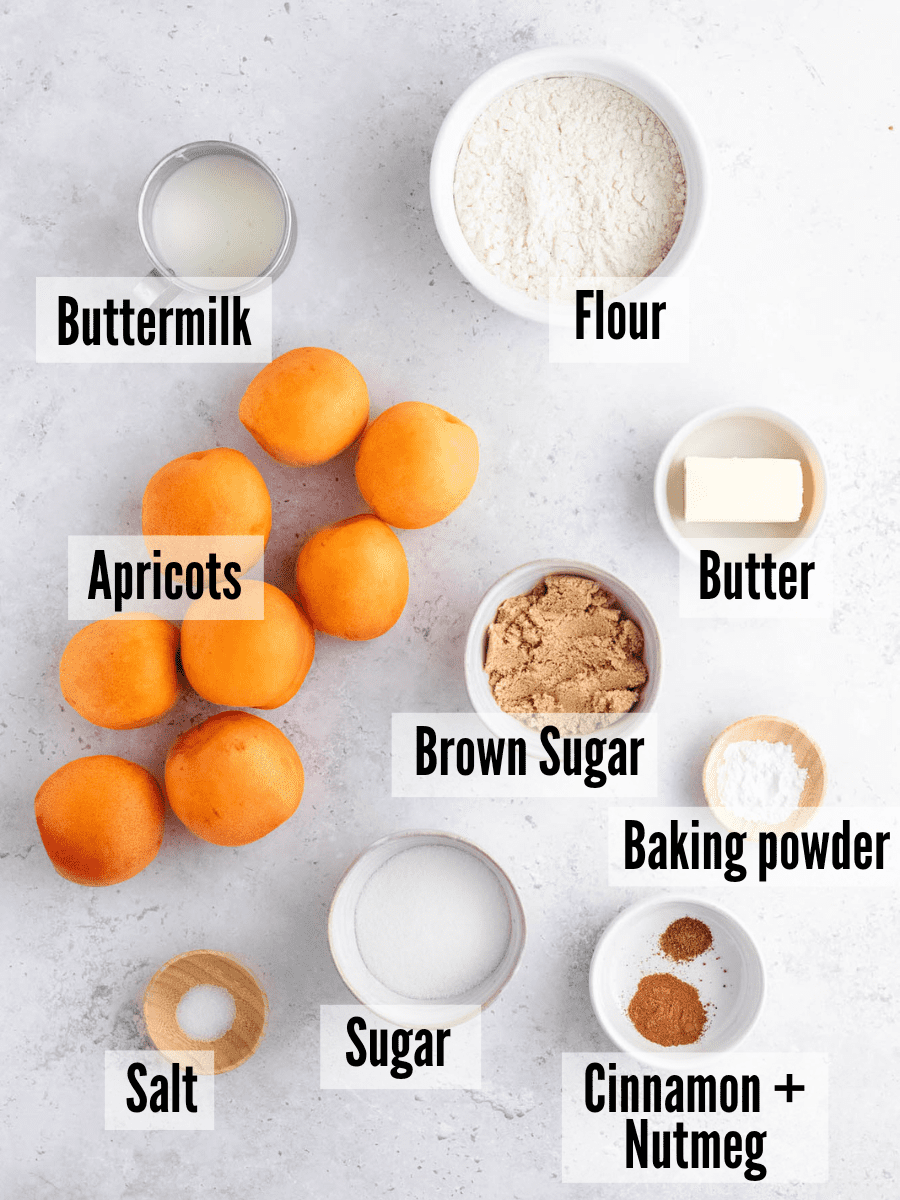 All of the ingredients for apricot cobber: apricots, flour, buttermilk, butter, brown sugar, baking powder, sugar, cinnamon and nutmeg, and salt. 