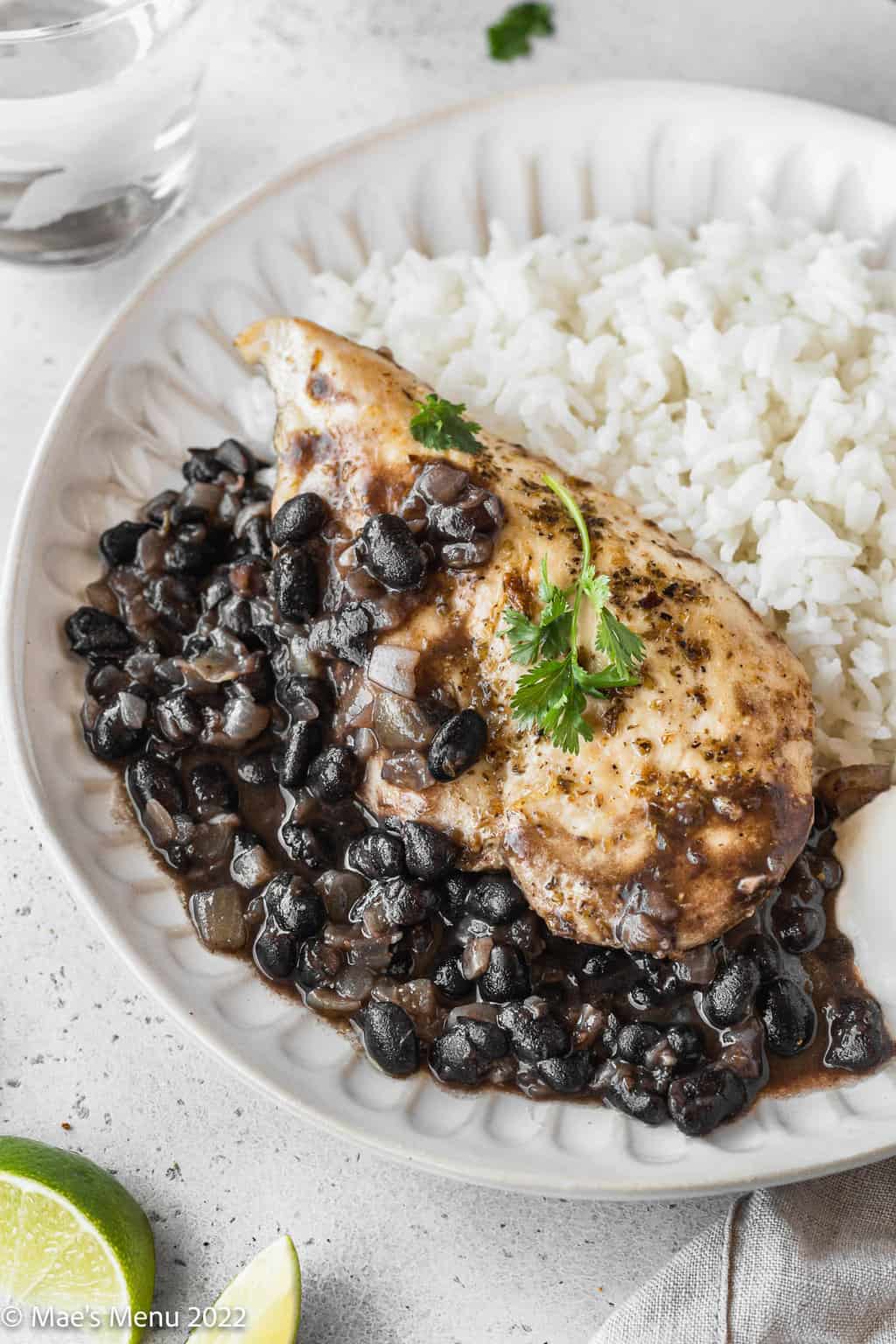 Side shot of a white plate of chicken with black bean sauce and rice.