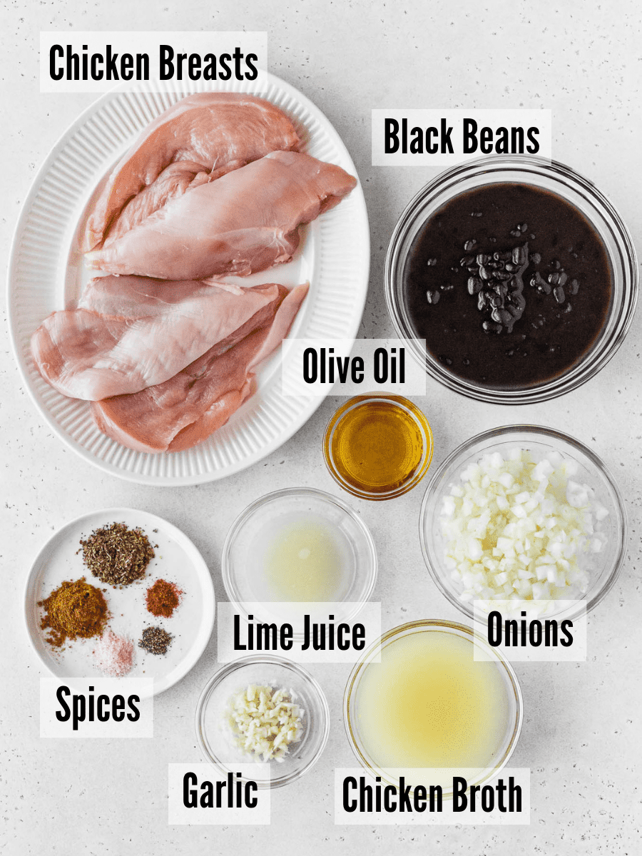 Southwest chicken with black bean sauce ingredients: chicken, black beans, broth, lime, onion, olive oil, lime juice, garlic, and seasonings.