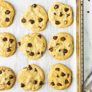 Overhead shot of a tray of dairy-free chocolate chip cookies.