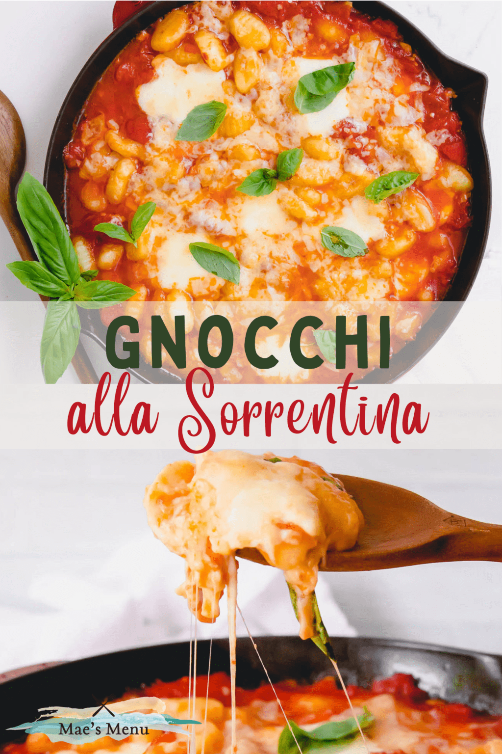 A pinterest pin for gnocchi alla sorrentina: with an overhead shot of a pan of gnocchi on the top and a side shot of cheesy scoop of gnocchi on the bottom.