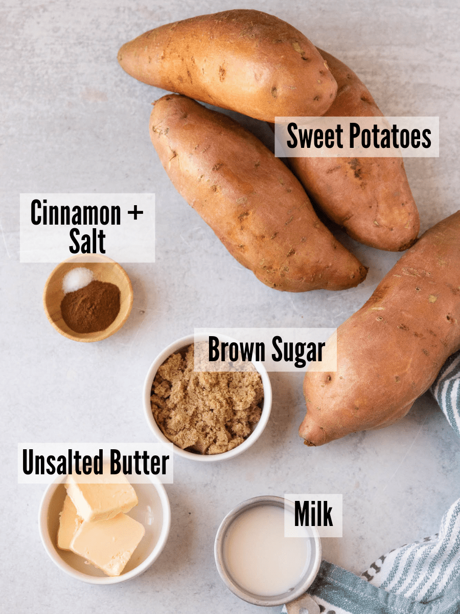 All of the ingredients for whipped sweet potatoes: sweet potatoes, brown sugar, cinnamon, salt, unsalted butter, and milk.