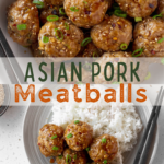 vertical pin of asian pork meatballs with text overlay.