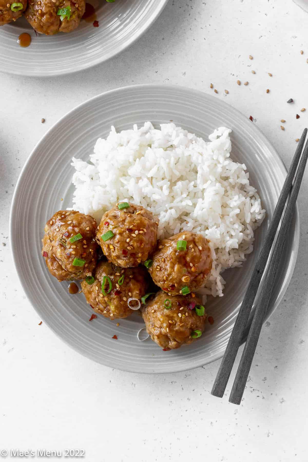closeup shot of 5 asian pork meatballs served on a bed of steamed rice.