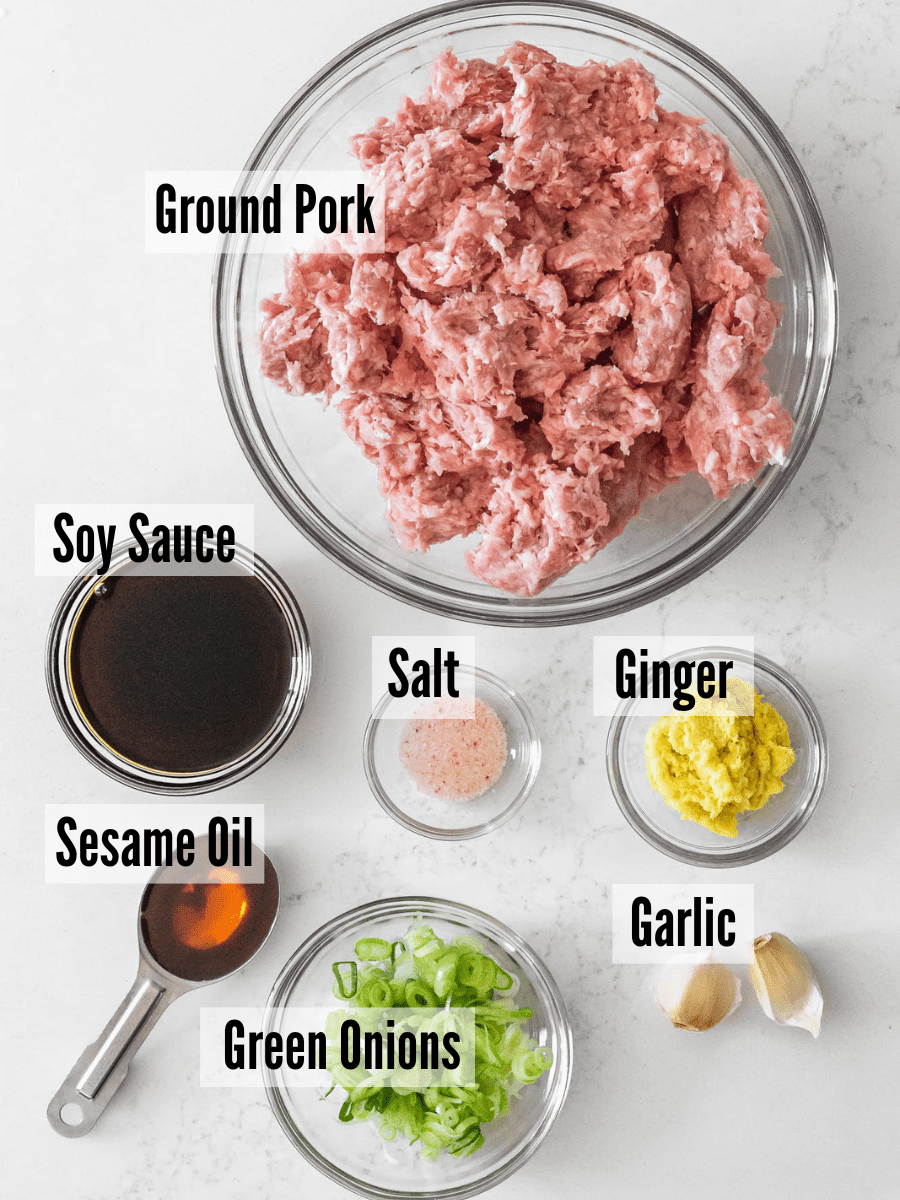 ingredients for Asian pork meatballs measured out on a table.