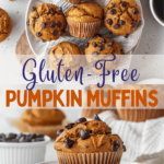 A pinterest pin for gluten free pumpkin muffins with an overhead shot of the muffins in a bowl plus a side shot of a pumpkin on a stack of plates.
