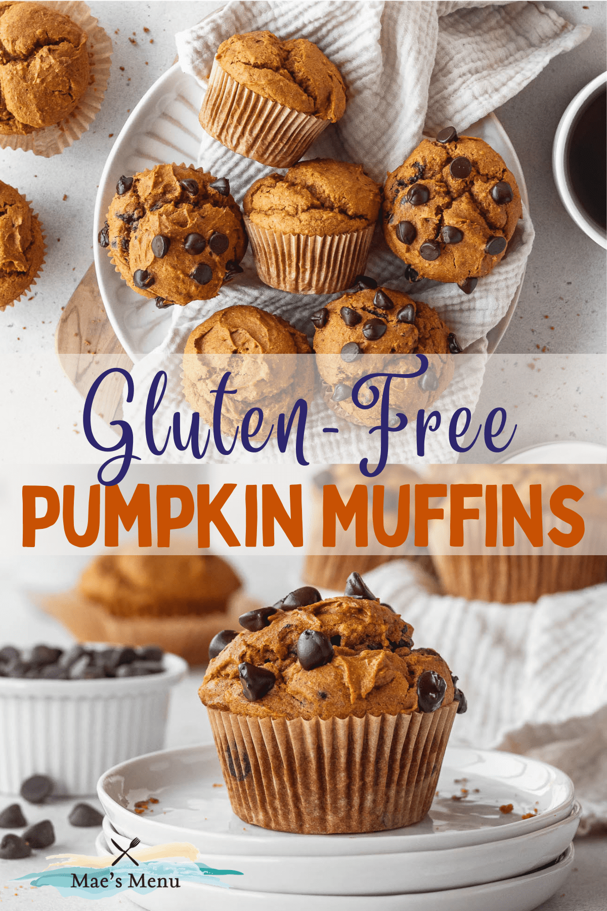 A pinterest pin for gluten free pumpkin muffins with an overhead shot of the muffins in a bowl plus a side shot of a pumpkin on a stack of plates.