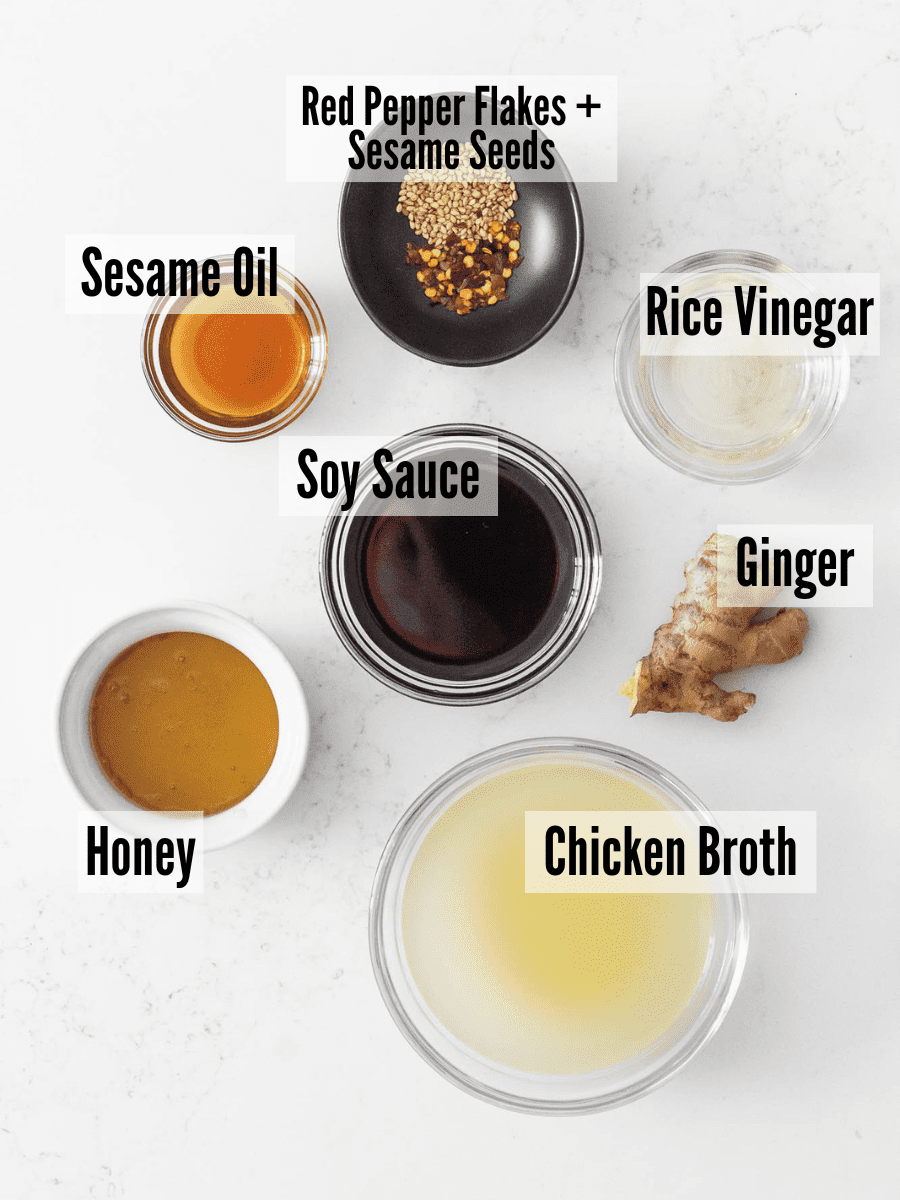 ingredients for sweet and tangy soy broth measured out on a table.