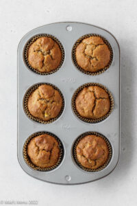 overhead shot of dairy-free banana muffins in the baking tin.