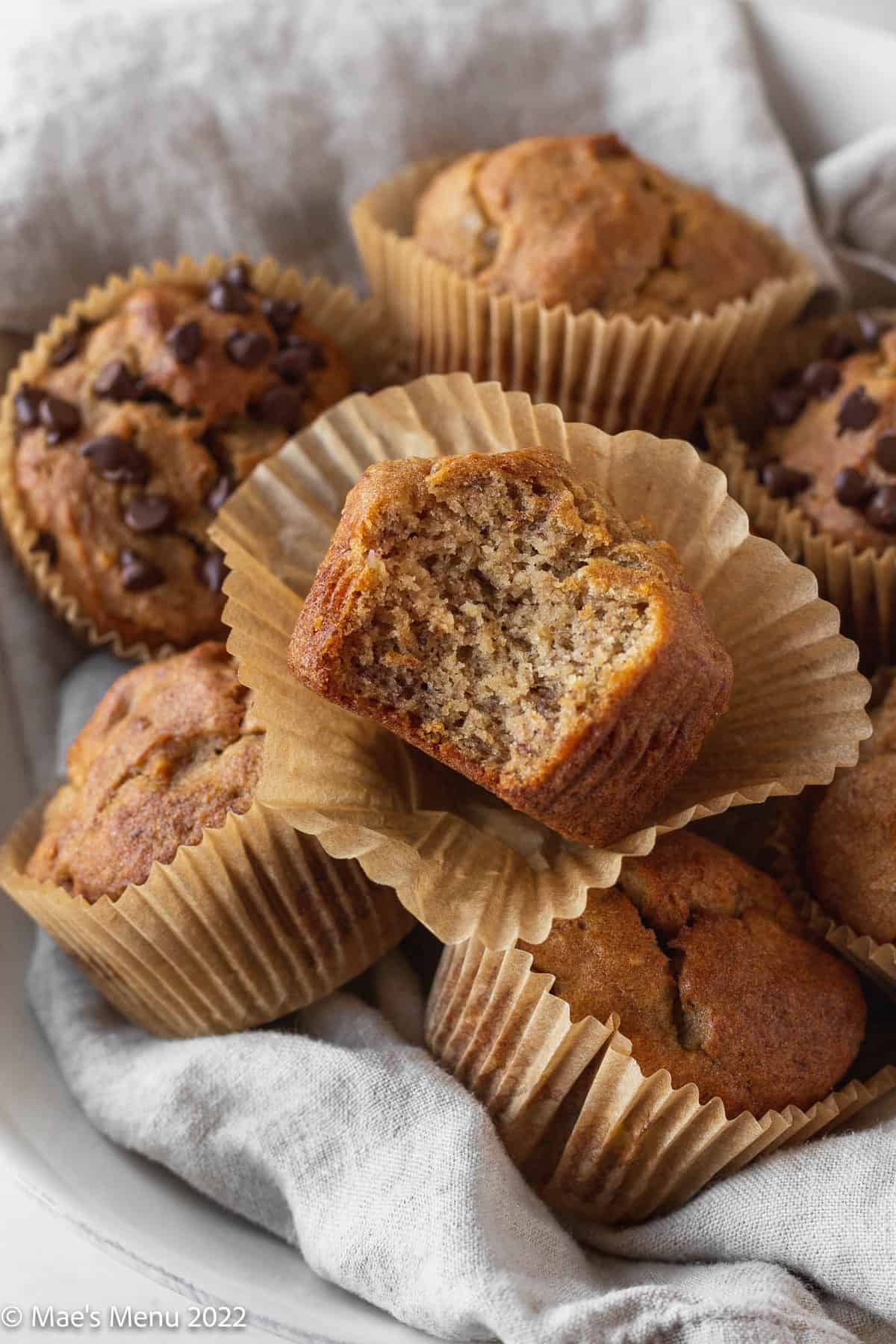hero shot of a bowl of plain and chocolate chip-flecked banana muffins with the top one having a bite taken out of it.