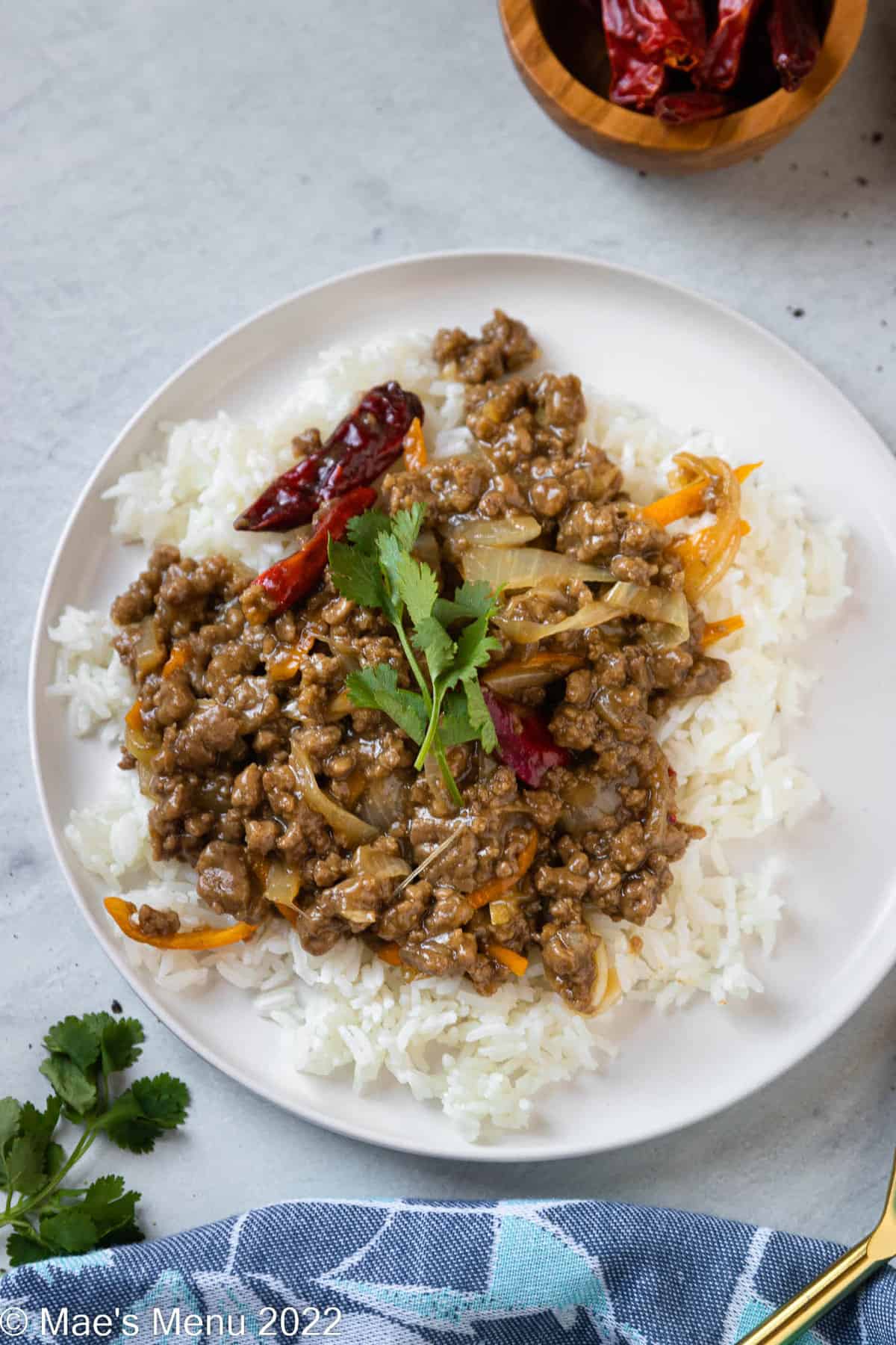 An up-close shot of a white plate of ground beef stir fry with rice and cilantro.