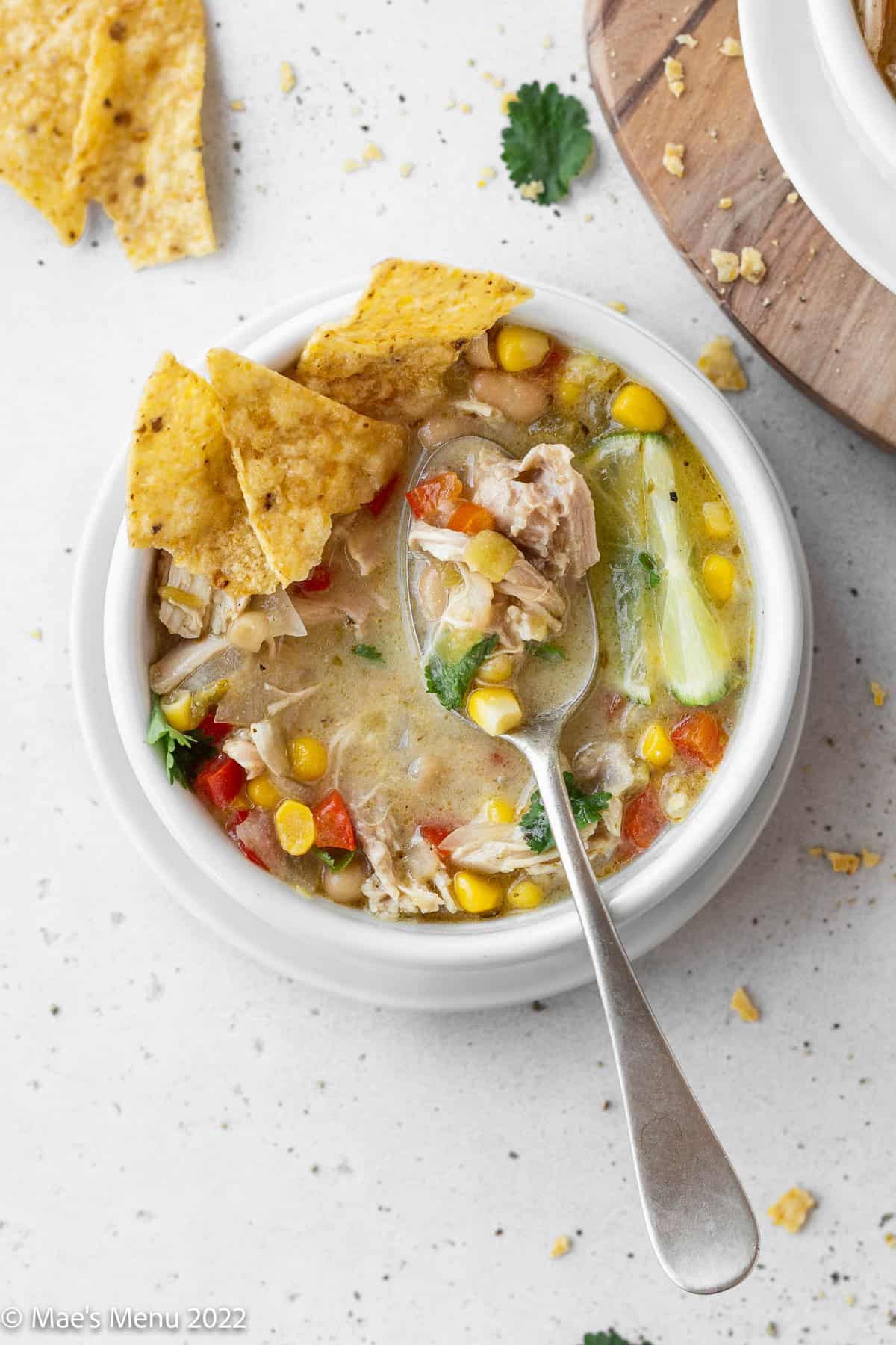 A spoonful of white chicken tortilla soup in a bowl of the soup.