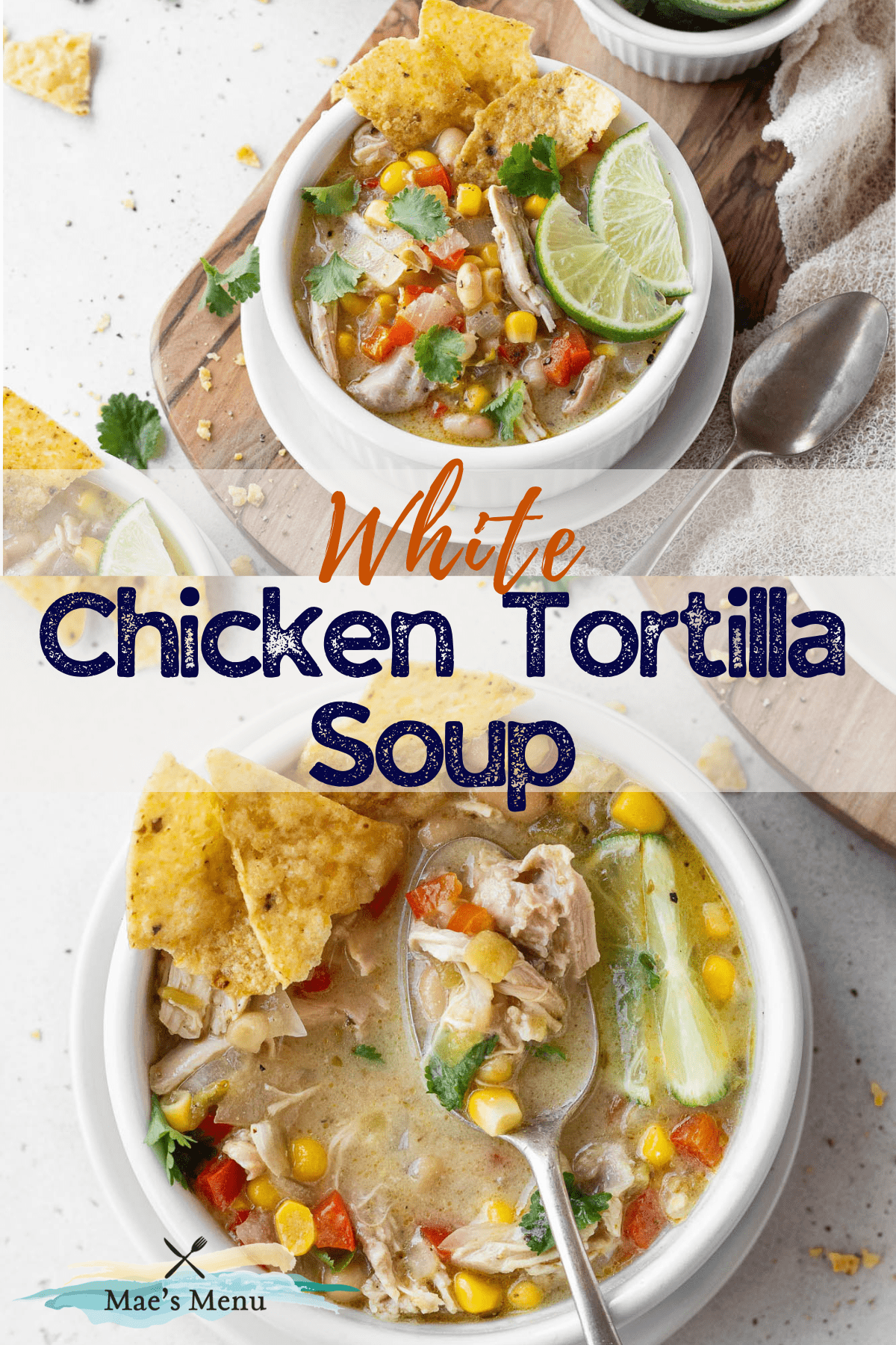 A pinterest pin for white chicken tortilla soup with two shots of small bowls of the soup.