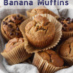A pinterest pin for dairy-free banana muffins with an up-close shot of the muffins stacked in a white bowl.