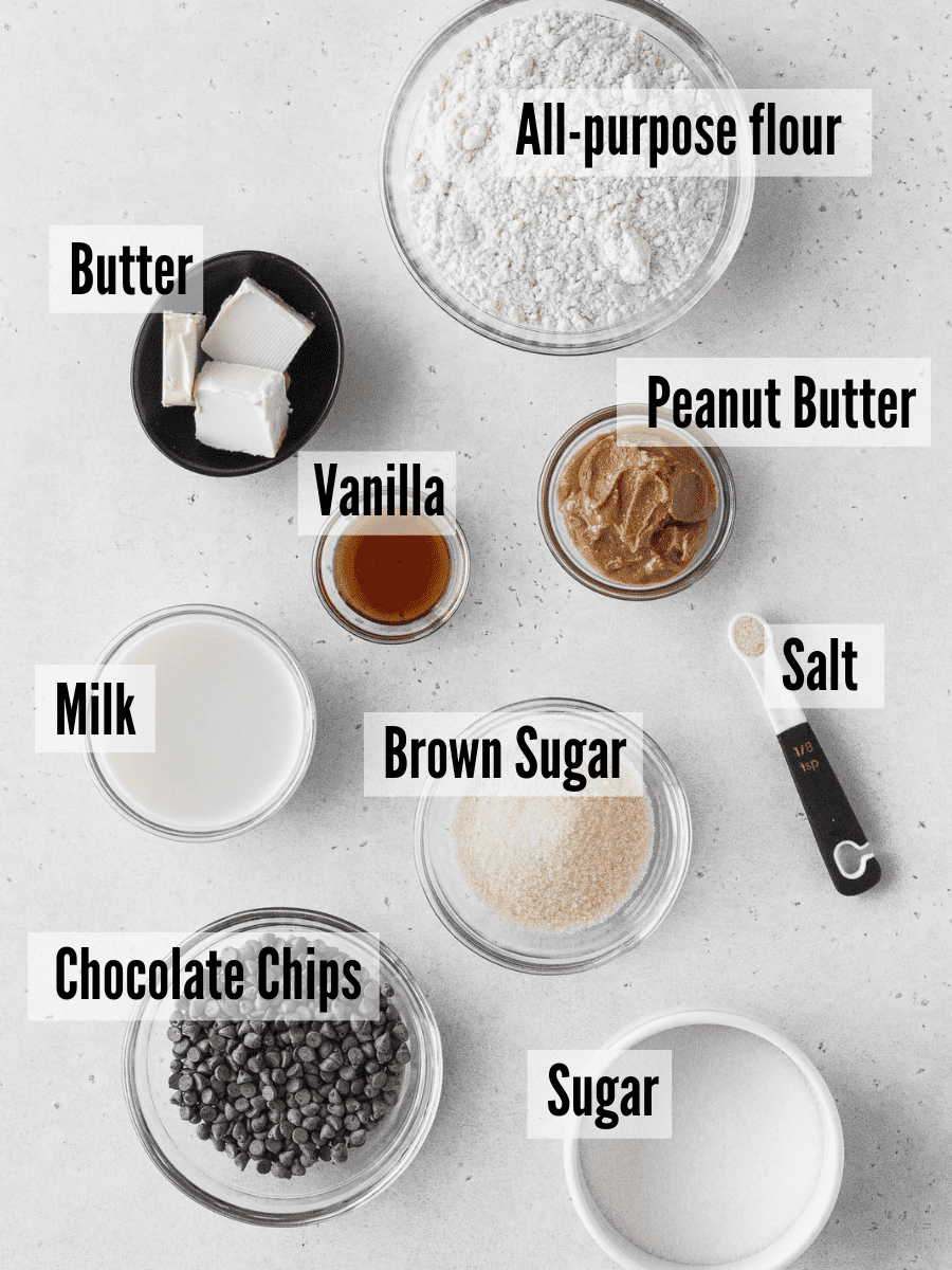 ingredients for making edible peanut butter cookie dough measured out into bowls with text overlay.
