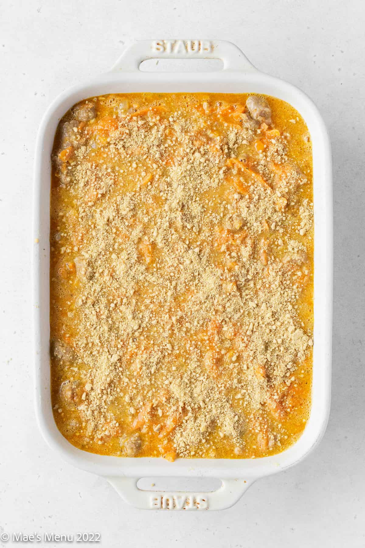 The dairy-free casserole in a pan before going into the oven.
