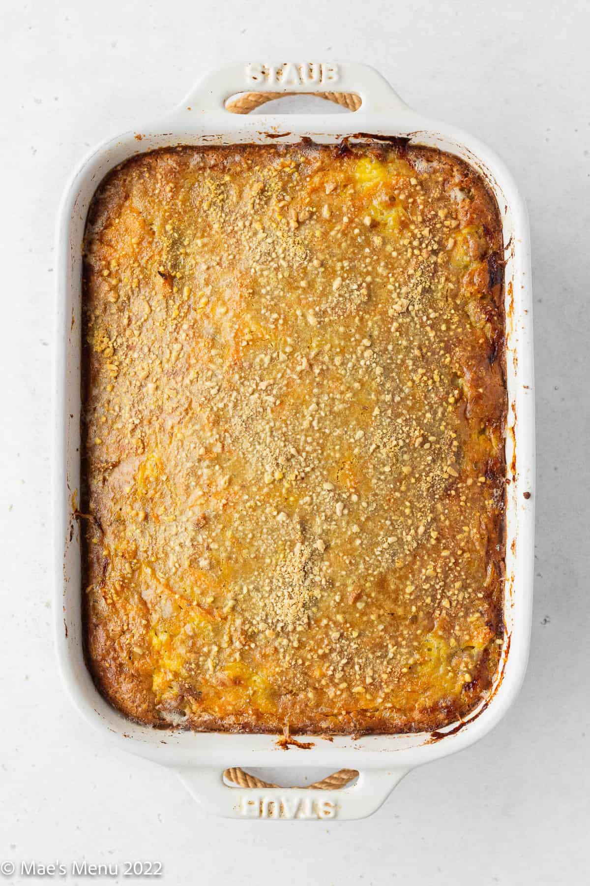 A white pan of dairy-free casserole.